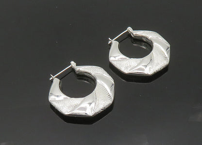 925 Sterling Silver  Vintage Shiny Textured Hollow Hoop Earrings  EG10410