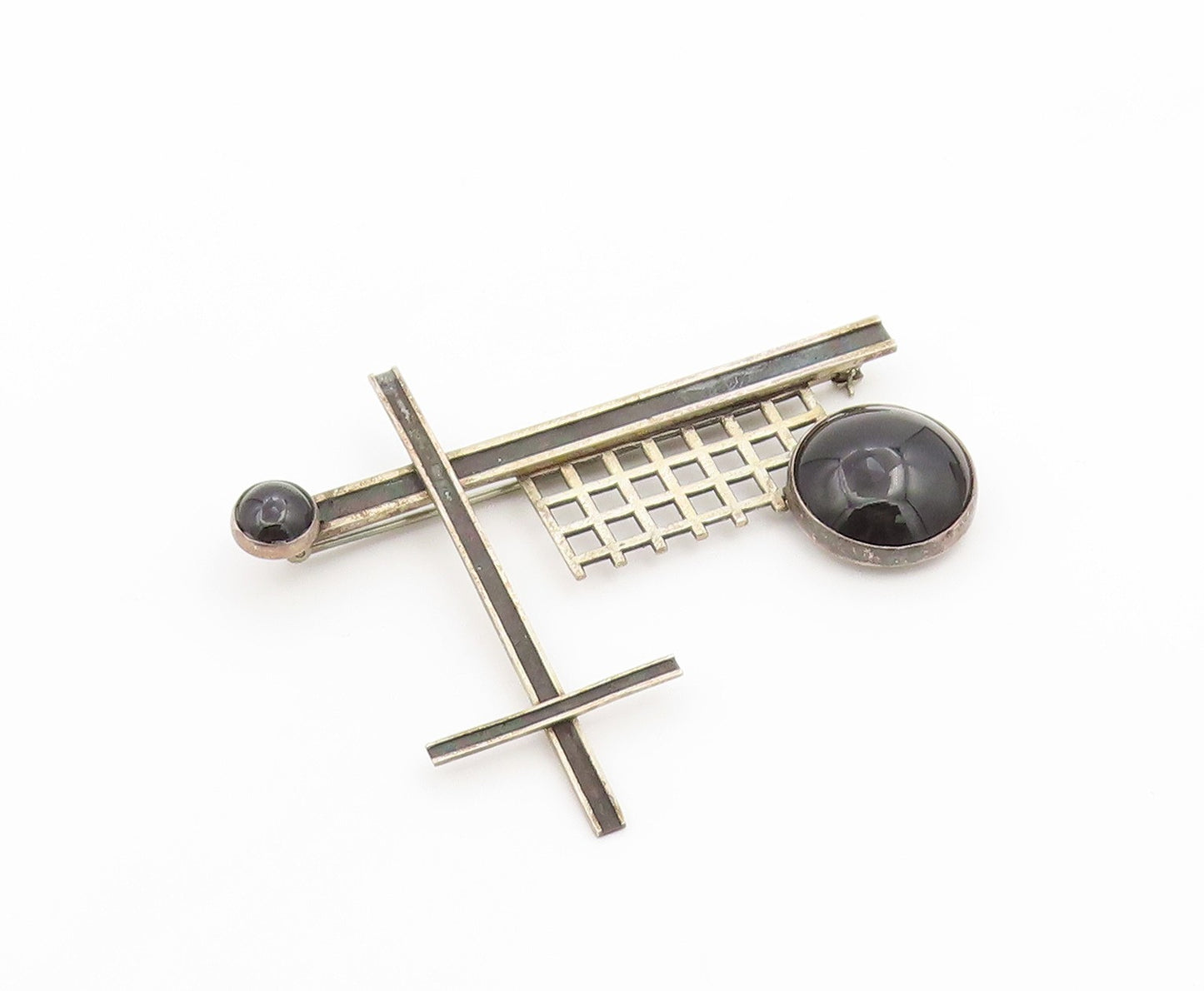 925 Sterling Silver Vintage Brooch Pin Classic Onyx Geometric Sculpture  BP12598