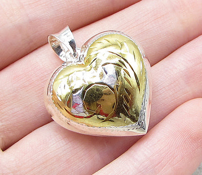 925 Sterling Silver Hand Chased 2 Tone Puffy Love Heart Drop Pendant PT1444