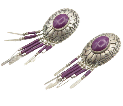 SOUTHWESTERN 925 Silver Vintage Sugilite Etched Detail Dangle Earrings EG9301