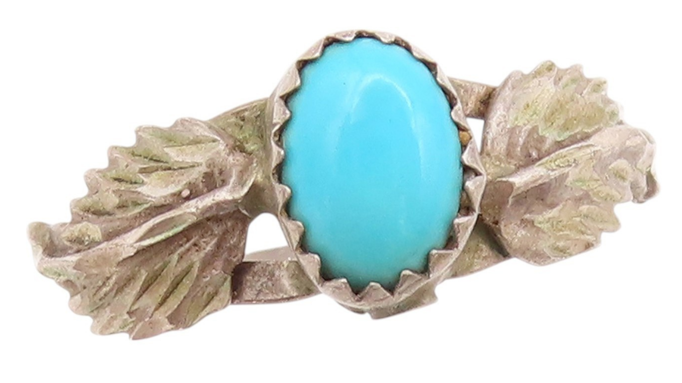 925 Sterling Silver Vintage Ring Oval Turquoise With Wings Carved Sz 8.5 RG32948