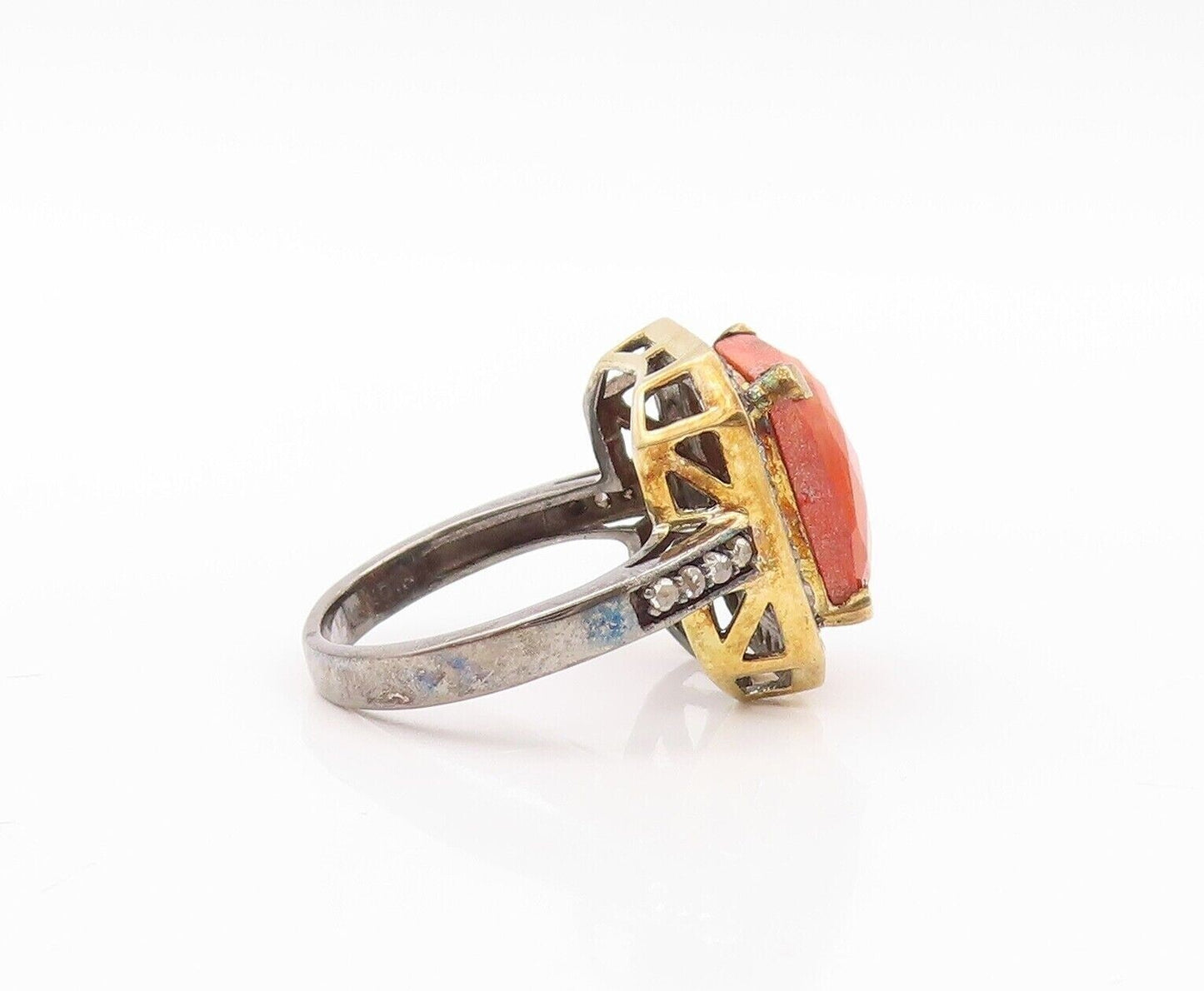 925 Sterling Silver Vintage Ring Square Orange Gemstone & Diamonds Sz 7  RG30180