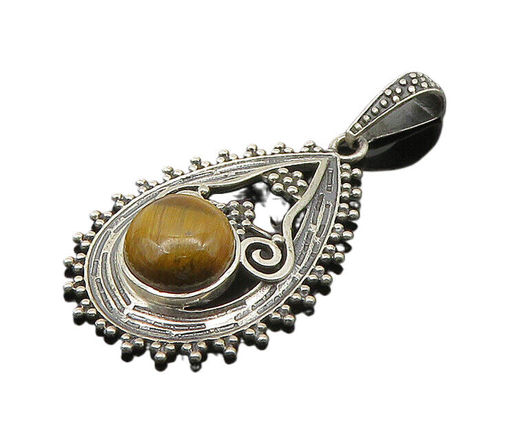 925 Sterling Silver  Vintage Cabochon Cut Tiger's Eye Swirl Pendant  PT17168