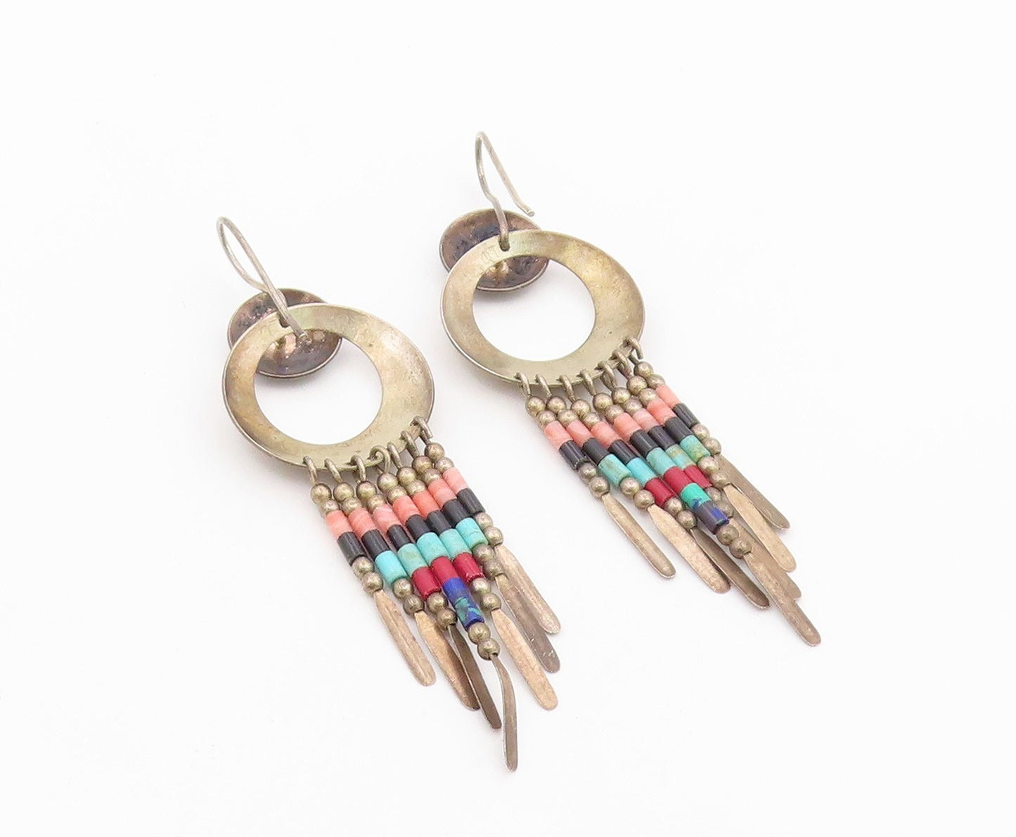 925 Sterling Silver Vintage Earrings SOUTHWESTERN Multi Gemstone Dangle  EG14501