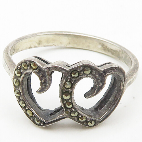 925 Sterling Silver  Vintage Marcasite Open Love Hearts Band Ring Sz 8 RG17953