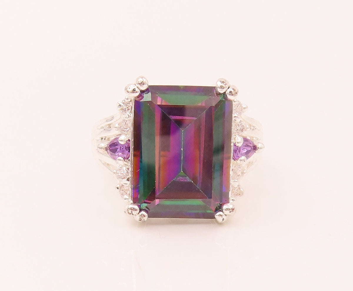 925 Silver  Vintage Rectangular Mystic Topaz Amethyst & CZ Ring Sz 10  RG26566