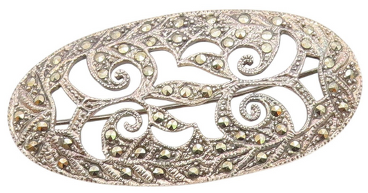 925 Sterling Silver Vintage Marcasite Floral Swirl Vine Brooch Pin  BP6285