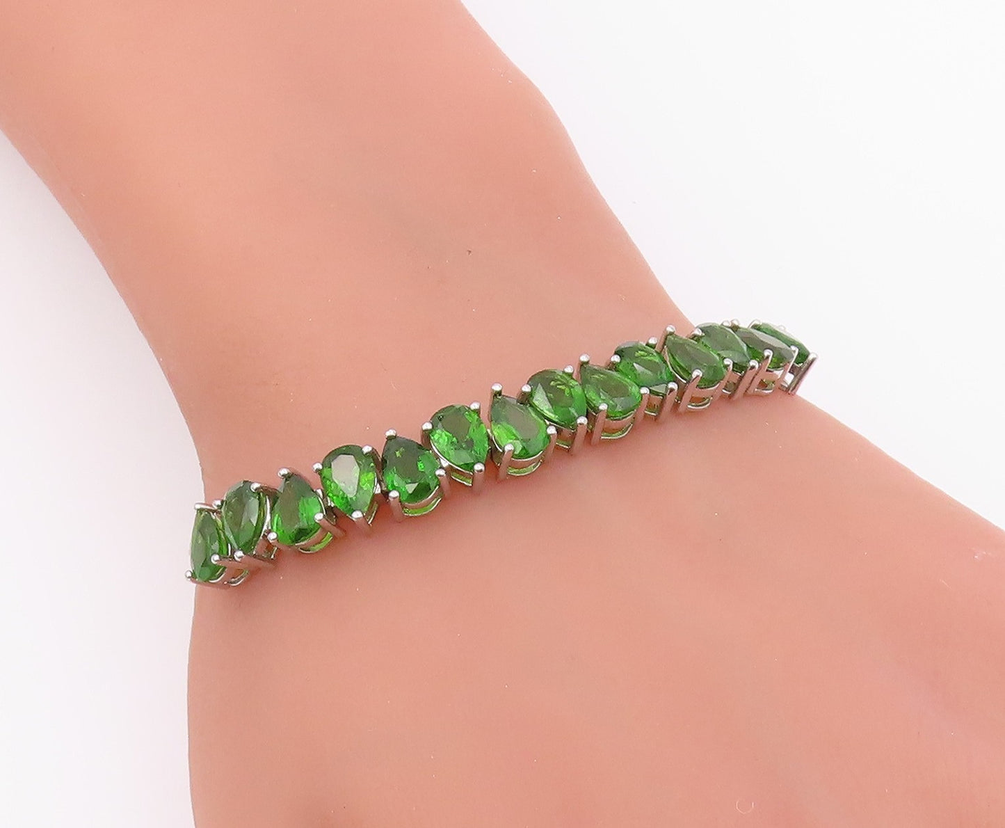 925 Sterling Silver  Shiny Tear Drop Green Topaz Chain Bracelet  BT5910