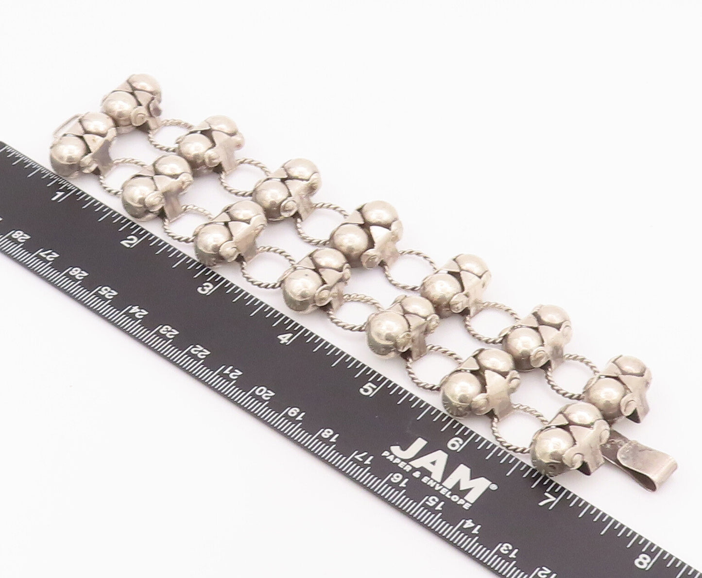 925 Sterling Silver Vintage Bracelet TAXCO Puffed Beaded Ring Links  BT10399