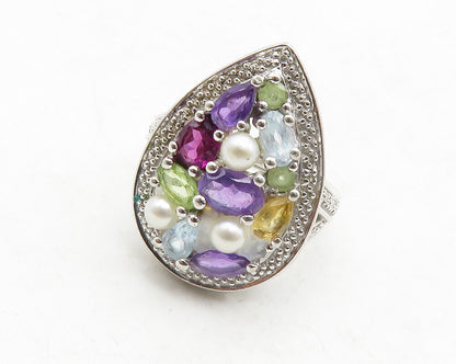 925 Silver Pearls Genuine Diamonds & Multi Stone Cocktail Ring Sz 6 RG13217
