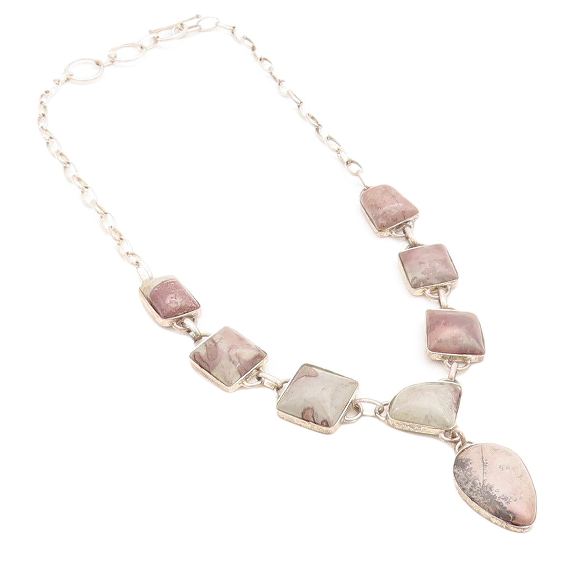 925 Sterling Silver  Vintage Spotted Jasper Multi Shape Chain Necklace  NE1706