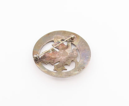925 Sterling Silver  Vintage Dark Tone Autumn Leaf Round Brooch Pin  BP3240
