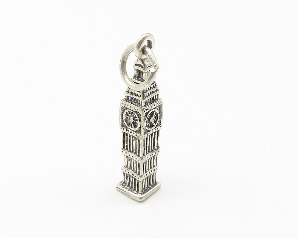 925 Sterling Silver  Vintage Petite Clock Tower Building Drop Pendant  PT8444