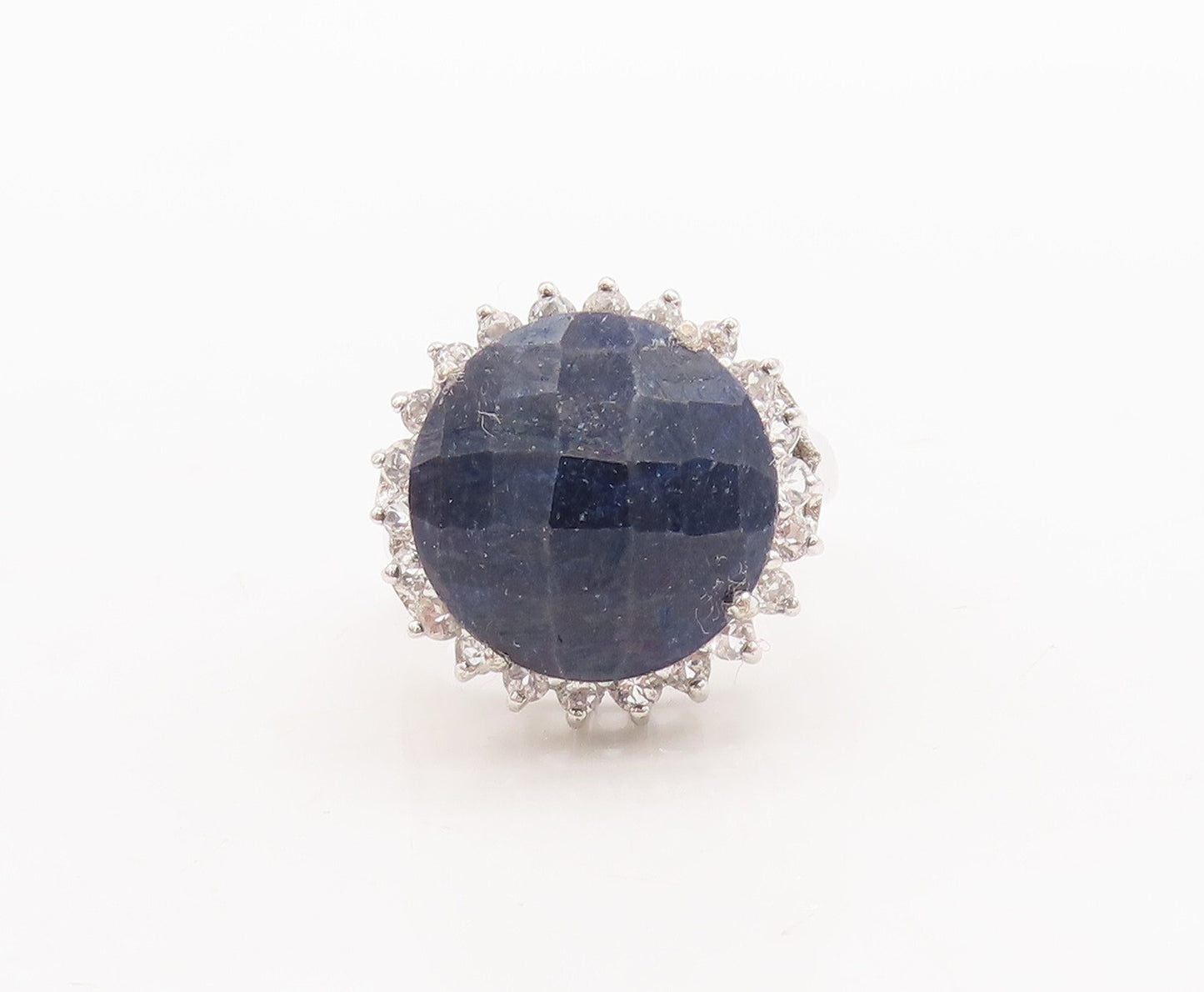 925 Sterling Silver Vintage Ring Large Round Sapphire Halo Topaz  Sz 7  RG29503