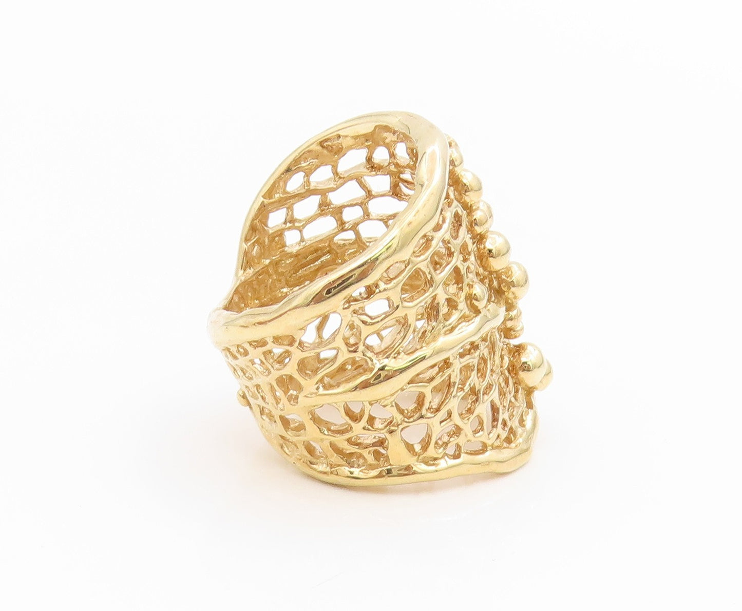 925 Sterling Silver Vintage Ring Gold Plated Beaded Openwork Band  Sz 7  RG34555