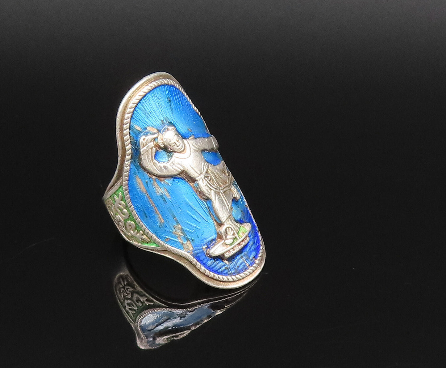 CHINESE 925 Silver  Vintage Enamel Carved Man With Robe Ring Sz 6  RG25816
