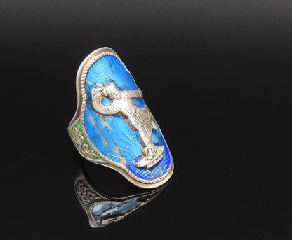 CHINESE 925 Silver  Vintage Enamel Carved Man With Robe Ring Sz 6  RG25816