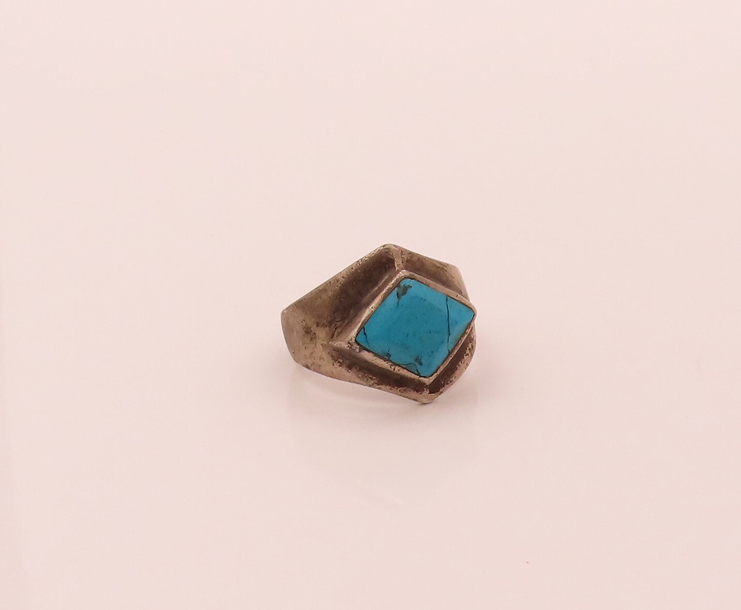 MEXICO 925 Silver  Vintage Rhombus Cut Turquoise Solid Ring Sz 11.5  RG26754