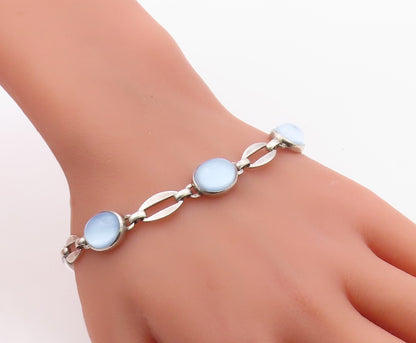 925 Sterling Silver Vintage Bracelet Elegant Cabochon Cat Eye Link  BT12113
