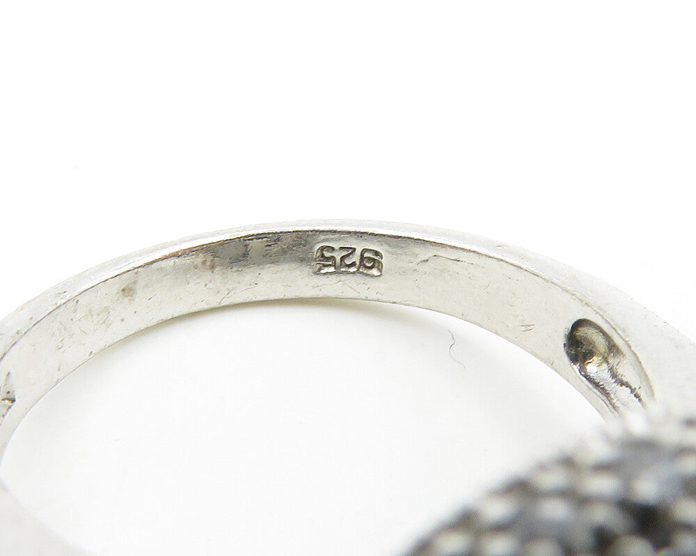 925 Sterling Silver  Faceted Hematite & Marcasite Cocktail Ring Sz 7  RG18555