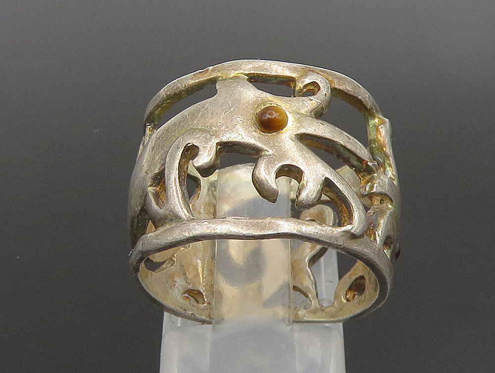 925 Sterling Silver  Vintage Tiger's Eye Swirl Cutout Band Ring Sz 8  RG24762