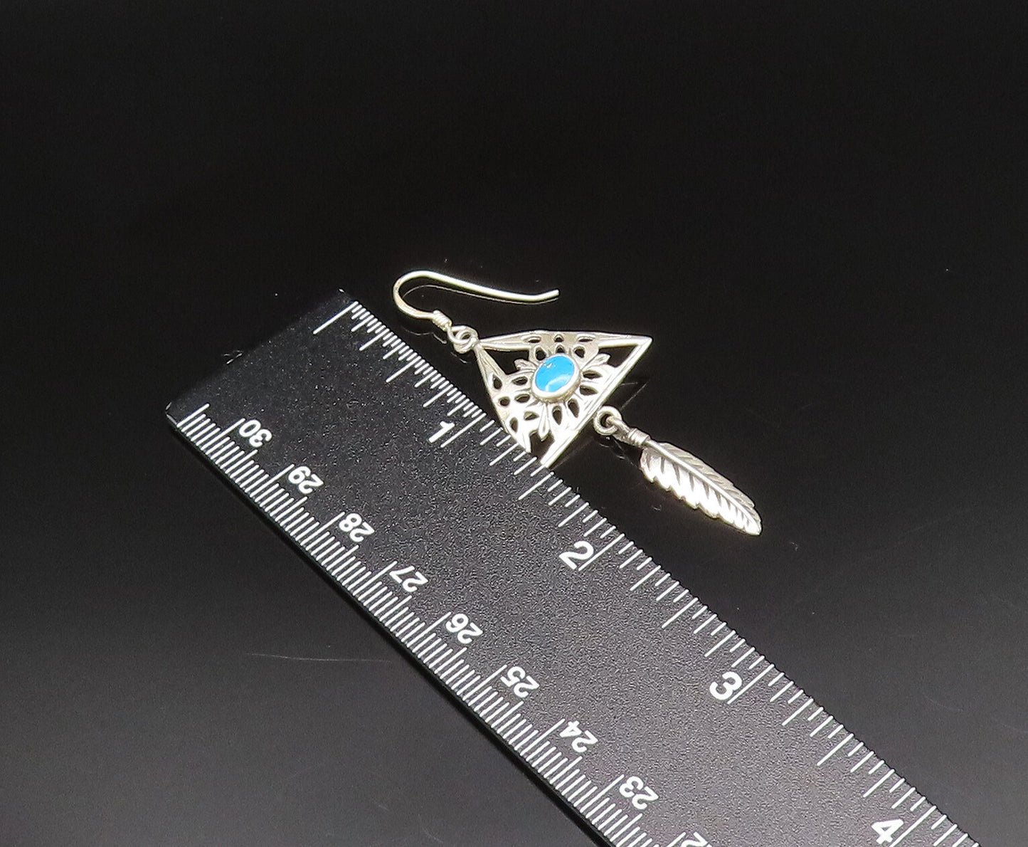 925 Silver  Vintage Open Floral Turquoise Triangle & Feather Earrings  EG11931