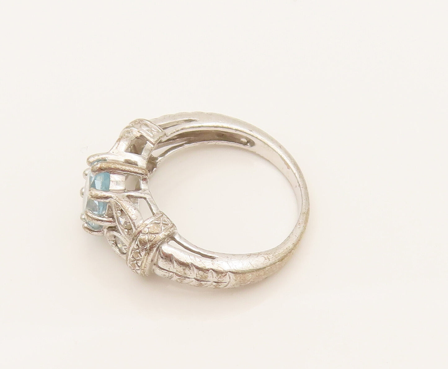 925 Silver  Vintage Fancy Blue & White Topaz Leaf Shank Ring Sz 6.75  RG26281