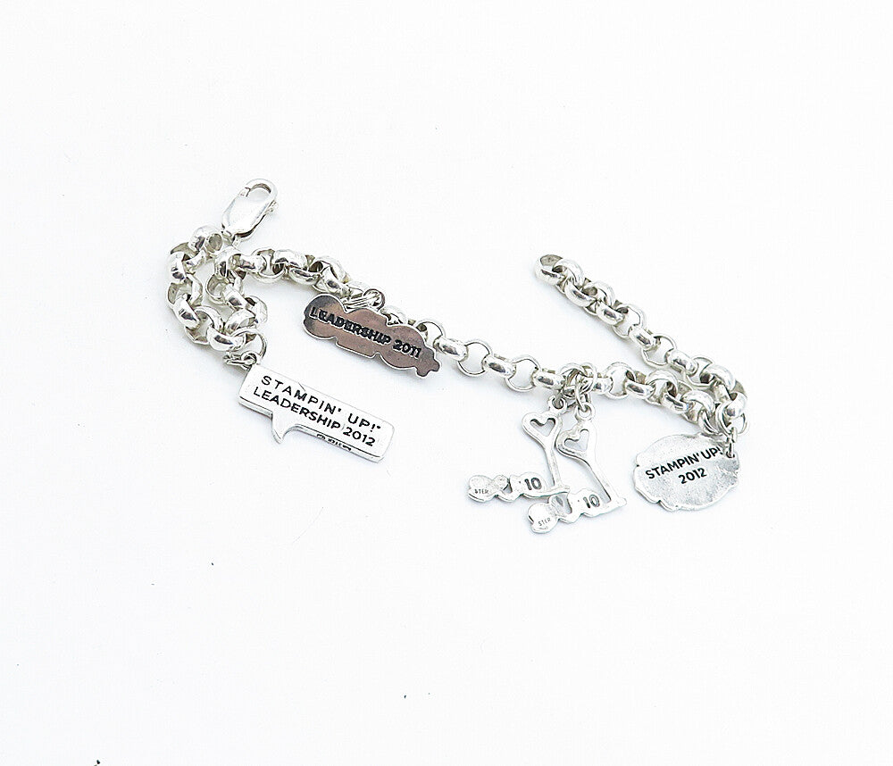 925 Sterling Silver  Assorted Stamped Charms Round Link Chain Bracelet  BT2173