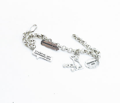 925 Sterling Silver  Assorted Stamped Charms Round Link Chain Bracelet  BT2173