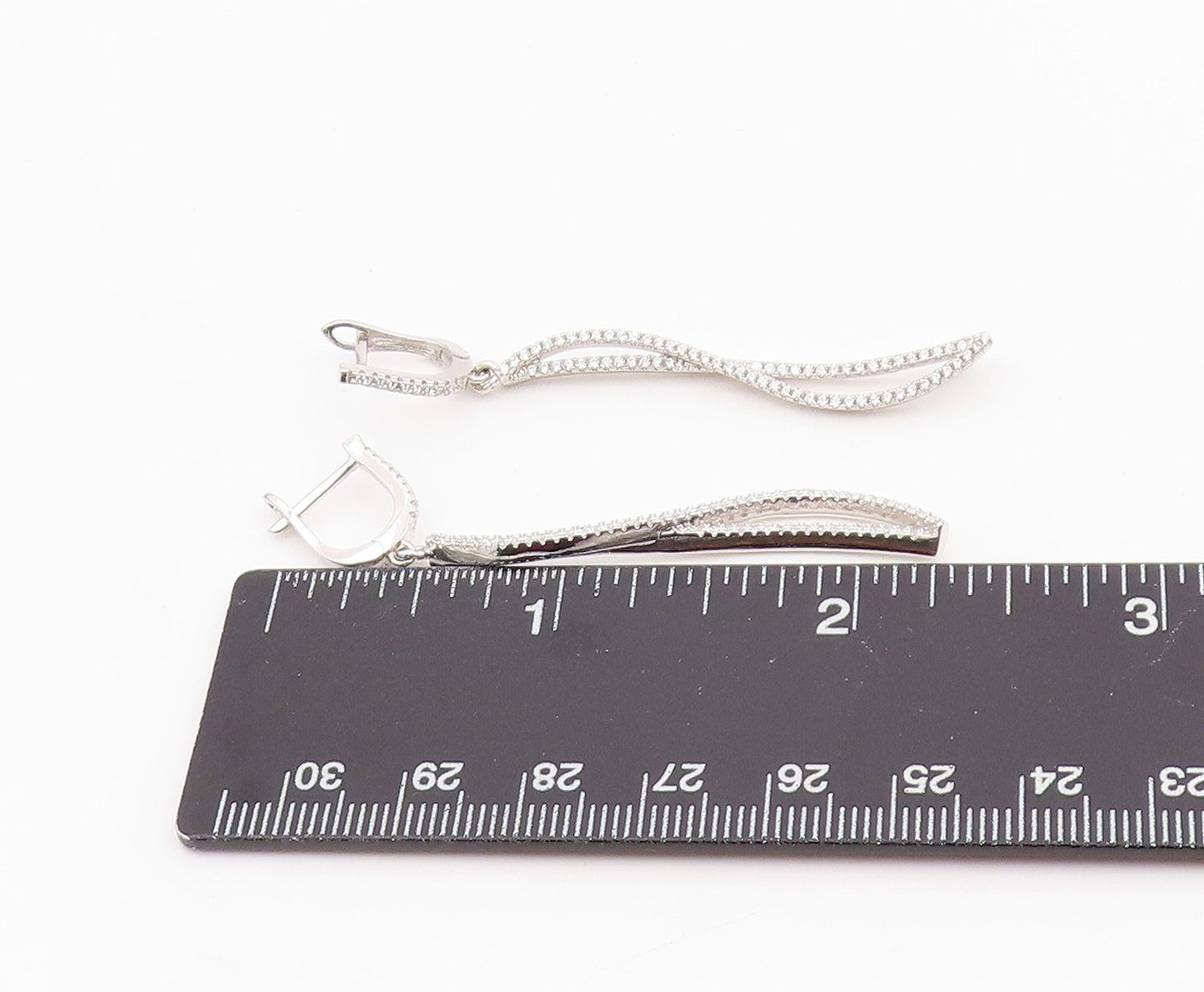 925 Sterling Silver Vintage Earrings CZ Pave Modernist Twisted Dangle  EG14228