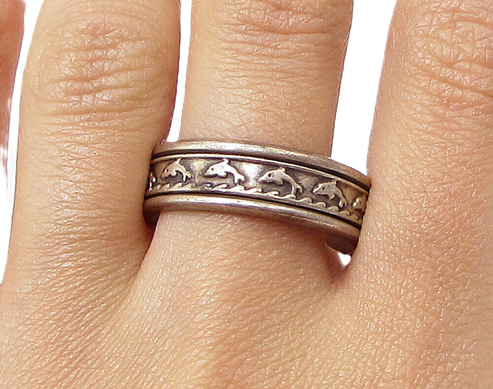 925 Sterling Silver  Vintage Jumping Dolphins Pattern Band Ring Sz 11.5  RG3083