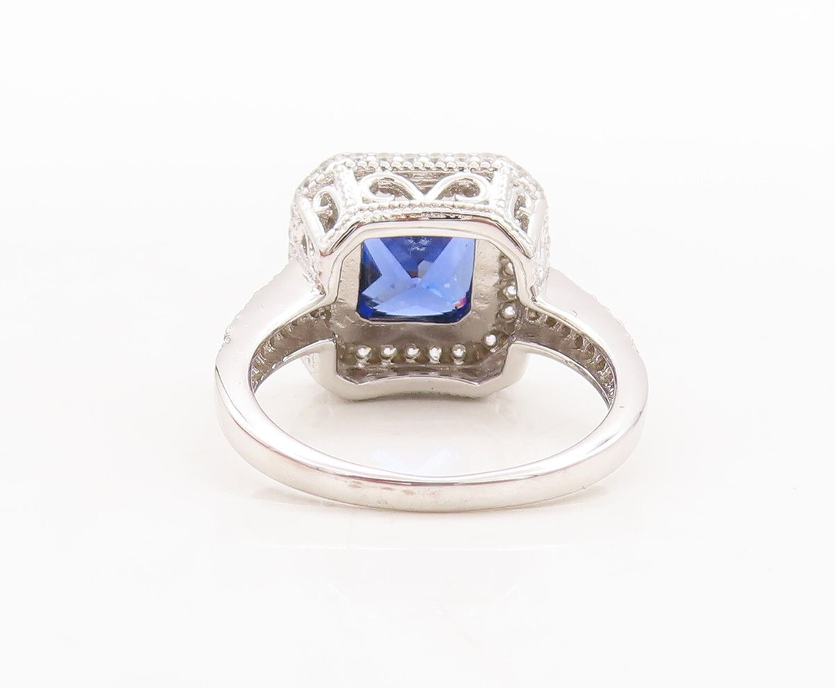 925 Sterling Silver Vintage Ring Square Cut Sapphire CZ Inlay Frame Sz 7 RG29793