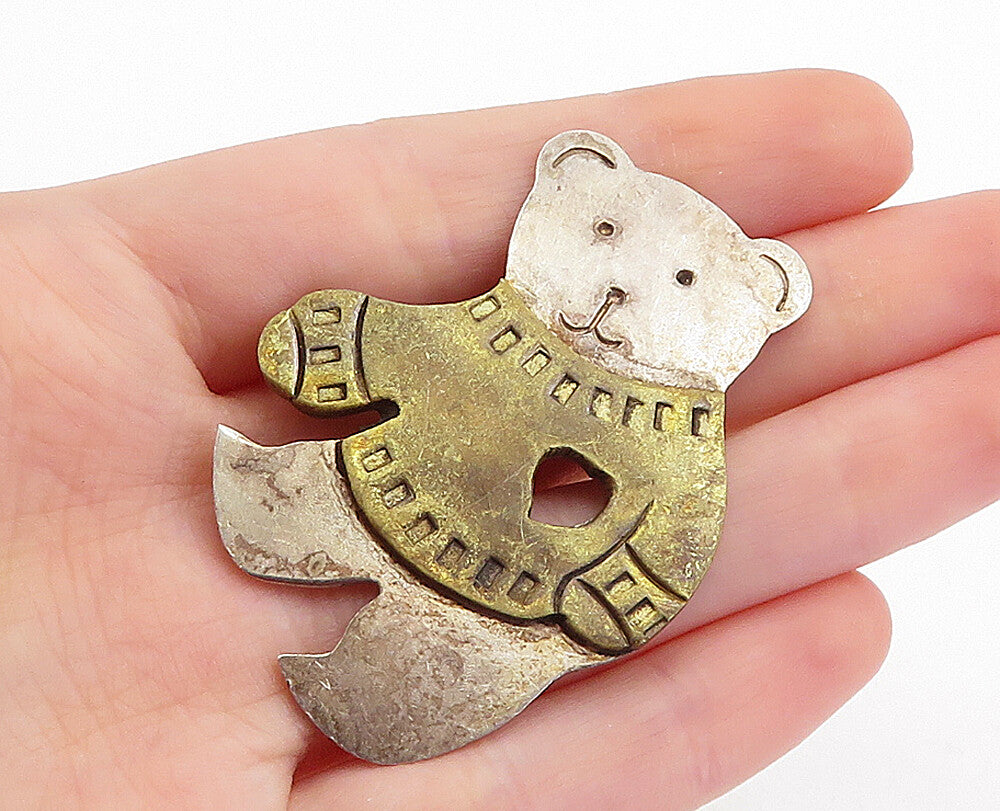 MEXICO 925 Sterling Silver  Vintage Two Tone Teddy Bear Brooch Pin  BP1897