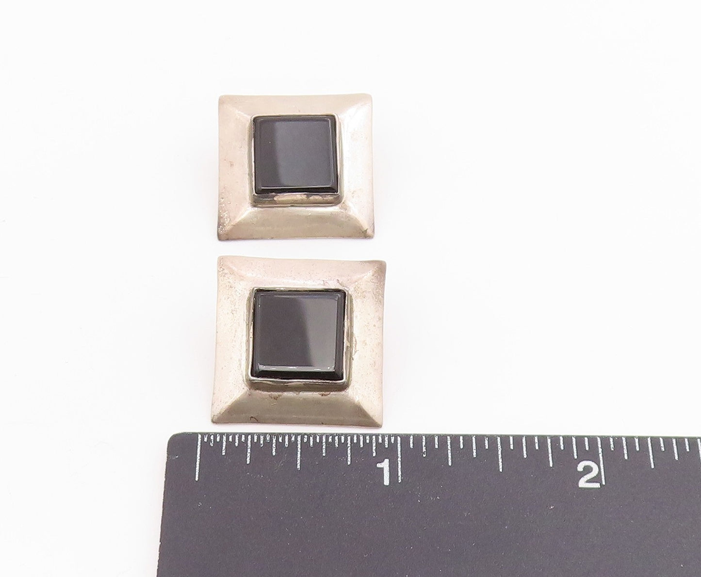 925 Sterling Silver Vintage Earrings NAVAJO ATTA KAI Black Onyx Studs  EG13945