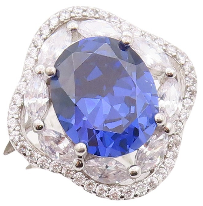 925 Sterling Silver Vintage Ring Sapphire & Topaz Floral Inlay  Sz 7.5  RG30057