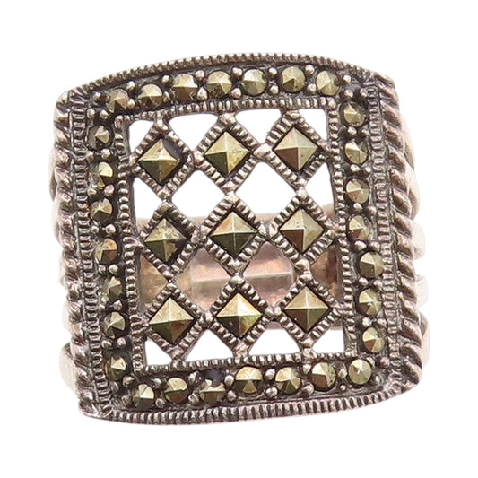 925 Sterling Silver Vintage Ring Marcasite Geometric Cut Out Band Sz 7.5 RG33537