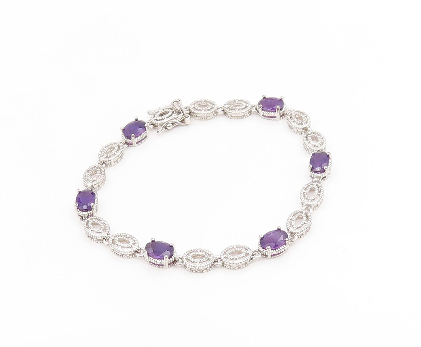 925 Sterling Silver Vintage Bracelet Oval Cut Amethyst Elegant Chain  BT11932
