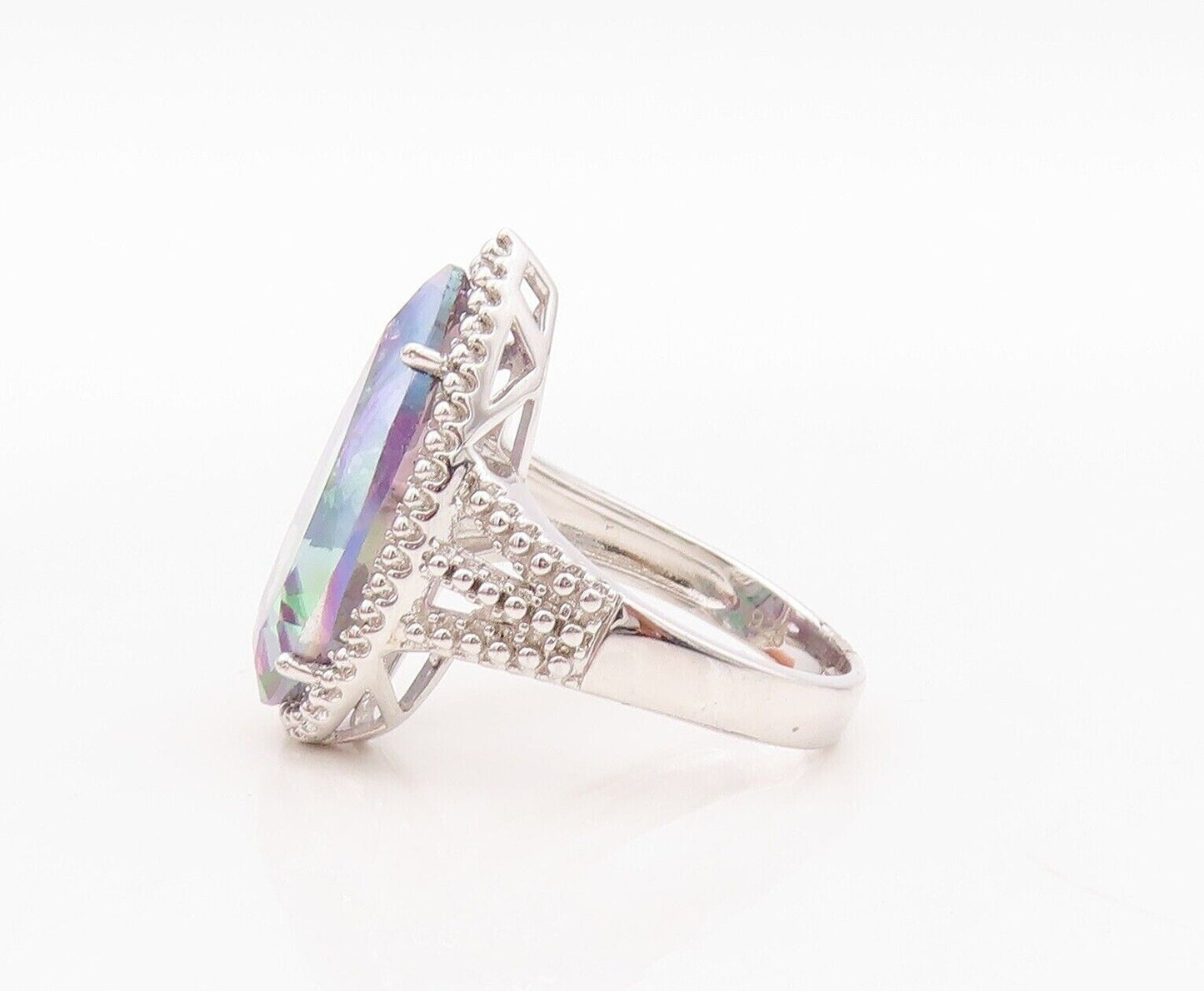 925 Sterling Silver Vintage Ring Drop Cut Mystic Topaz Carved  Sz 7.5  RG30014