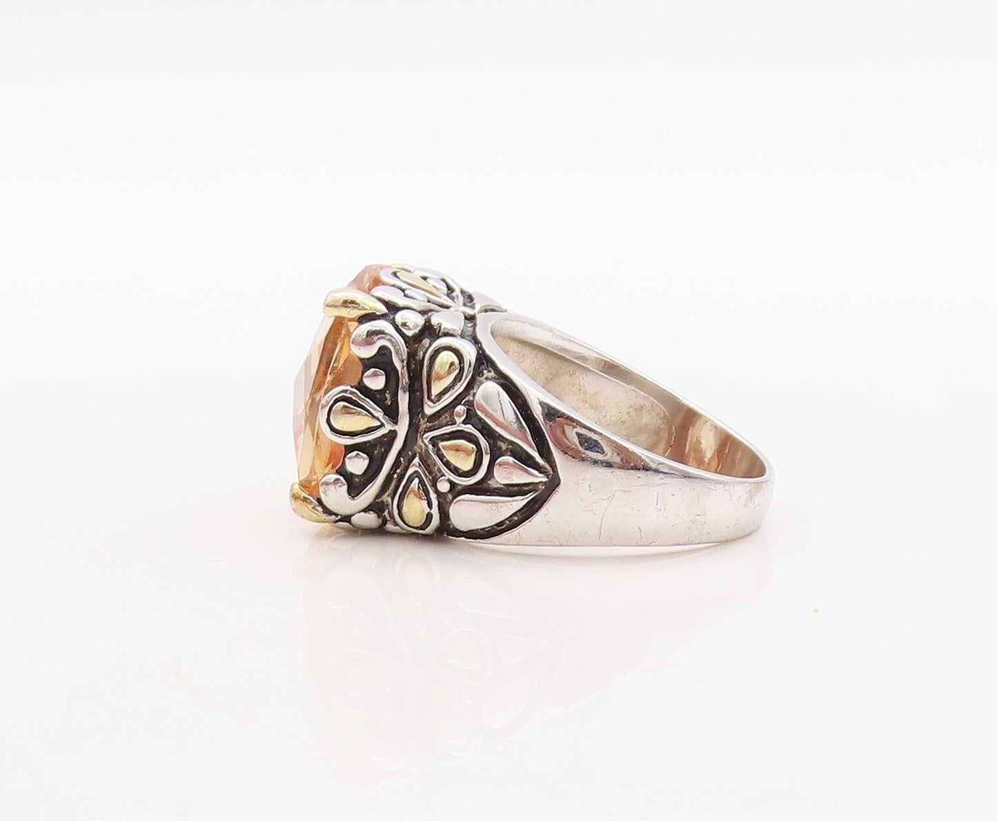 925 Sterling Silver Vintage Ring Floral Carved Square Morganite  Sz 8.5  RG31436