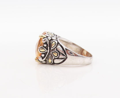 925 Sterling Silver Vintage Ring Floral Carved Square Morganite  Sz 8.5  RG31436