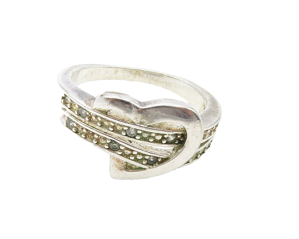 925 Sterling Silver  Vintage Topaz Love Heart Split Band Ring Sz 9  RG9954