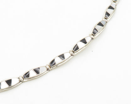 WHITNEY KELLY 925 Silver   Vintage Mother Of Pearl & Onyx Necklace  NE3289