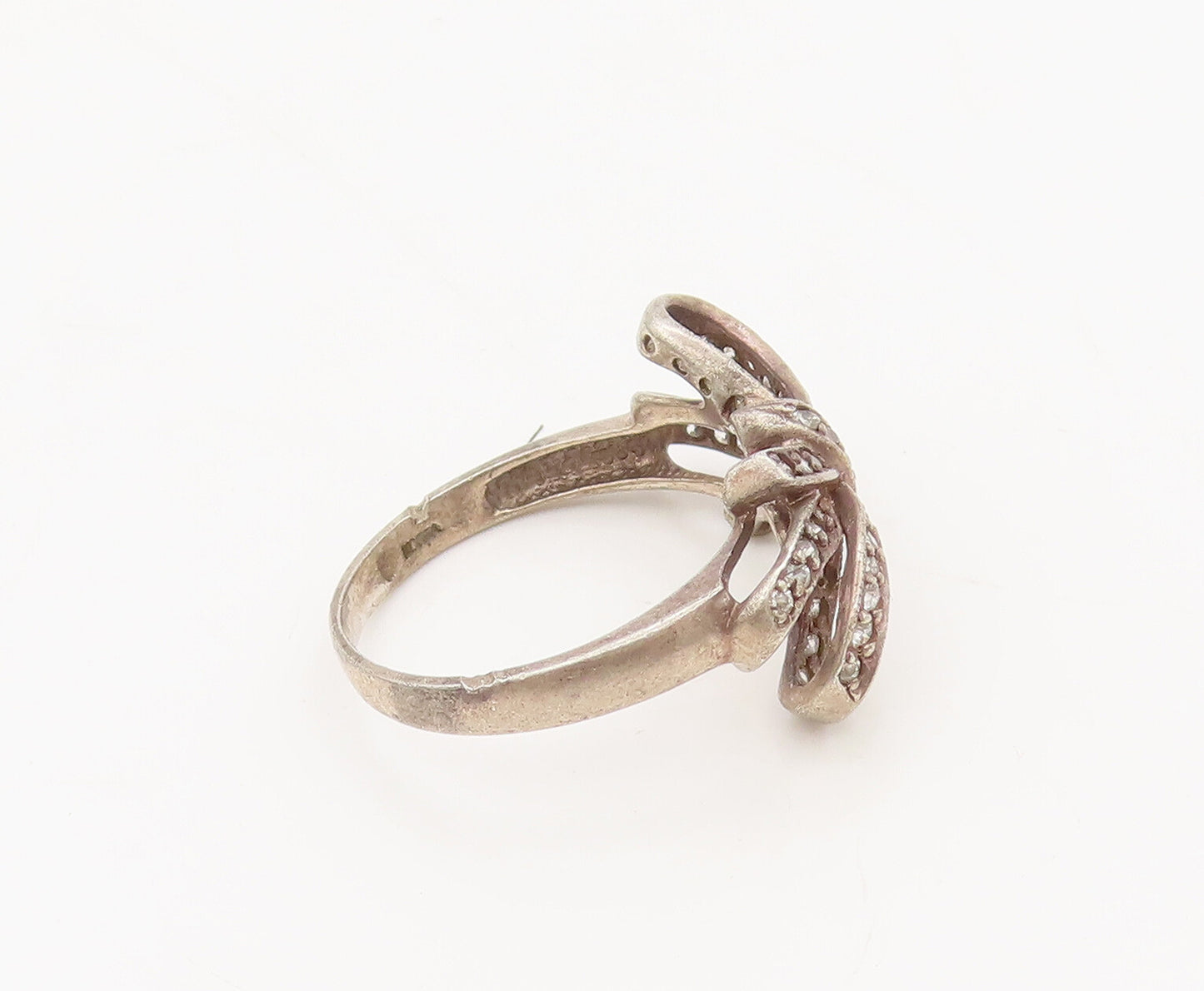 925 Sterling Silver  Vintage Minimalist Inlay CZ Solid Bow Ring Sz 7  RG27260