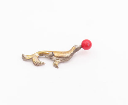 925 Sterling Silver Vintage Brooch Pin LANG Delphine Playing With Ball  BP10969