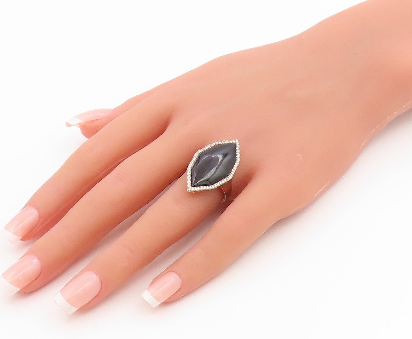 925 Sterling Silver Vintage Ring Gold Plated Marquise Cut Onyx  Sz 7  RG35992