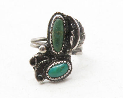 NAVAJO 925 Sterling Silver Vintage Turquoise Floral Leaf Band Ring Sz 5 RG12424