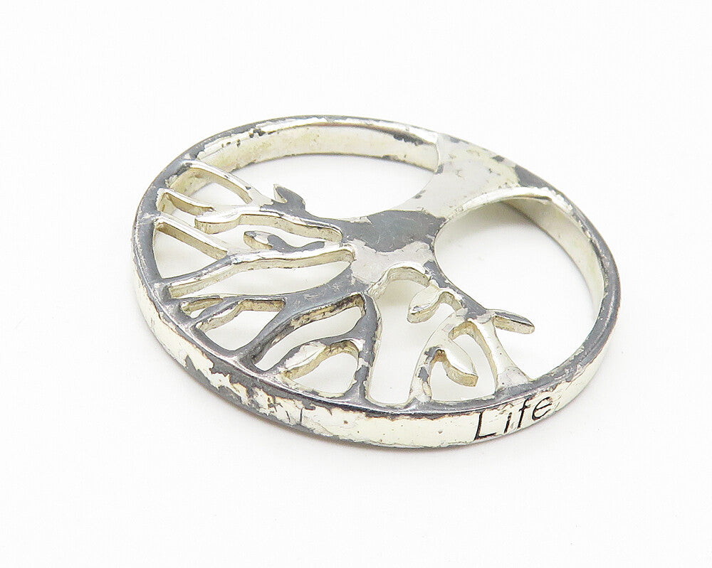 925 Sterling Silver  Vintage Shiny Round Tree Of Life Motif Pendant  PT8575