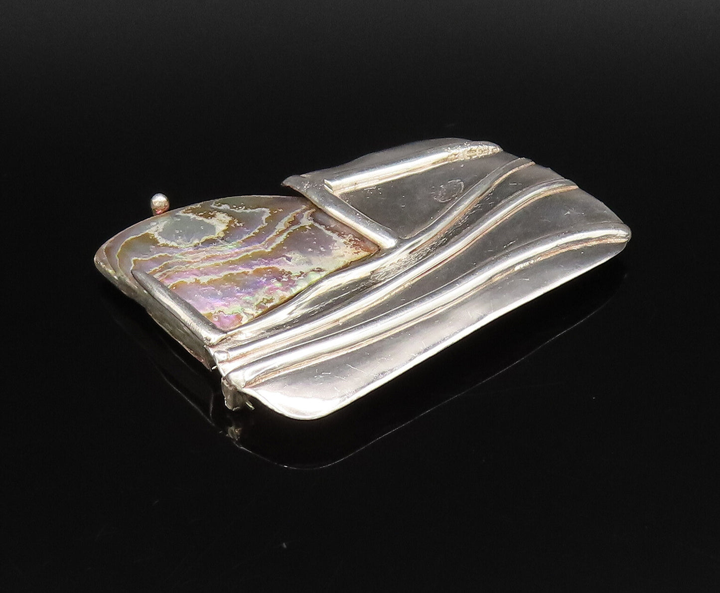 925 Silver  Vintage Modernist Mother Of Pearl Rectangle Brooch Pin  BP10002