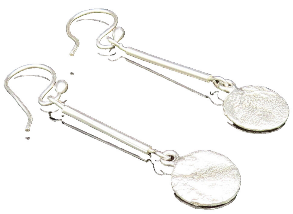 925 Sterling Silver  Vintage Polished Line Rough Disc Dangle Earrings  EG11718