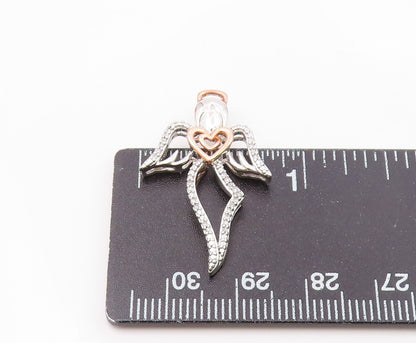 925 Silver  Vintage Two Tone Angel & Heart Genuine Diamonds Pendant  PT21904
